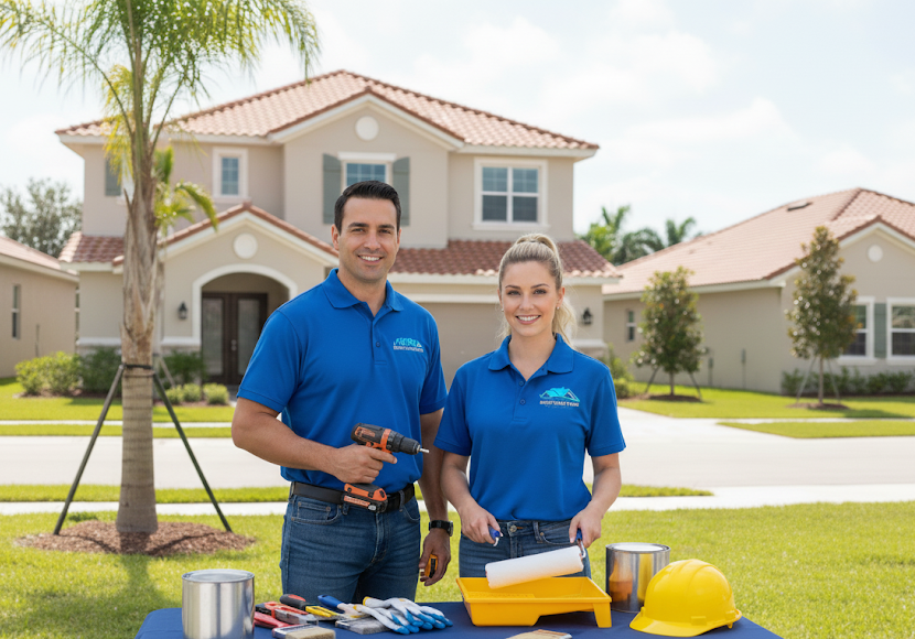 Team of professionals working on home restoration